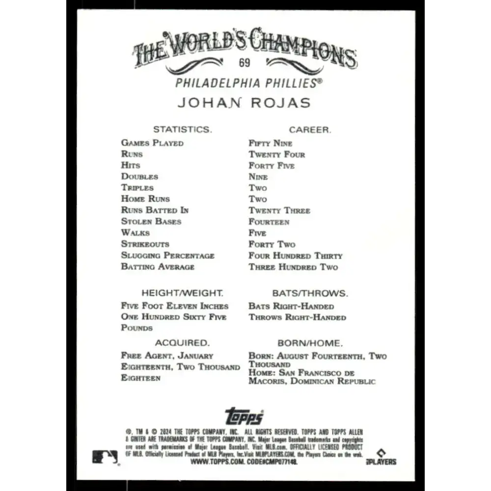 2024 Allen & Ginter #69 Johan Rojas NM-MT RC Rookie Philadelphia Phillies Baseball Card - Baseball Card Single
