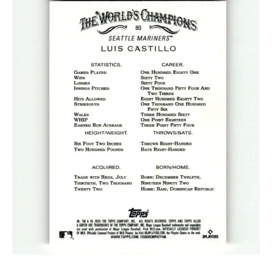 2024 Allen & Ginter #80 Luis Castillo NM-MT Seattle Mariners Baseball Card - Baseball Card Single