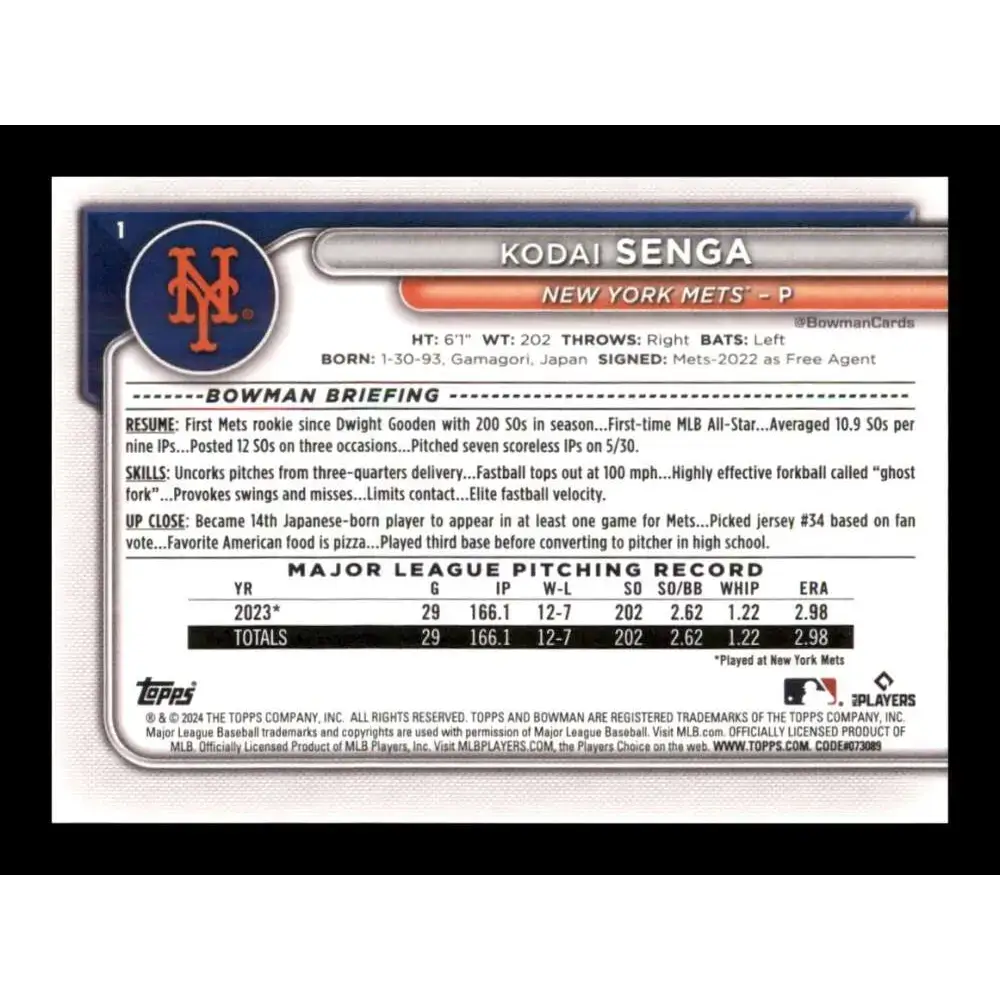 2024 Bowman #1 Kodai Senga NM-MT New York Mets Baseball Card - Baseball Card Single