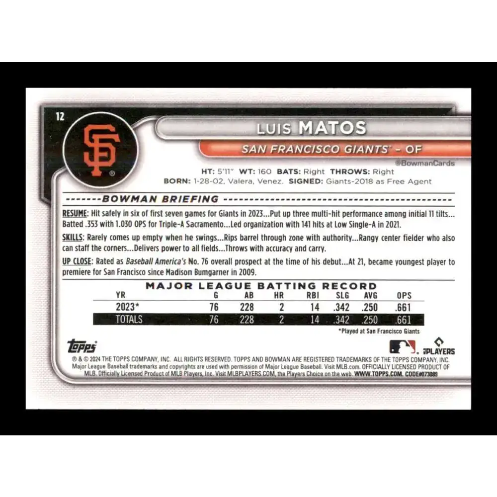 2024 Bowman #12 Luis Matos NM-MT RC Rookie San Francisco Giants Baseball Card - Baseball Card Single