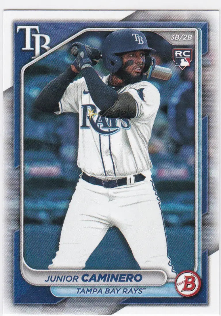 Junior Caminero RC baseball card from 2024 Bowman #20 Tampa Bay Rays featuring Caminero RC Tampa