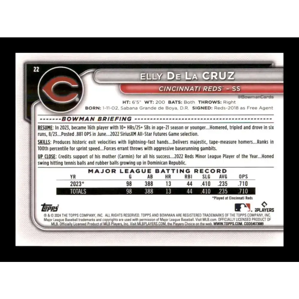 2024 Bowman #22 Elly De La Cruz NM-MT RC Rookie Cincinnati Reds Baseball Card - Baseball Card Single