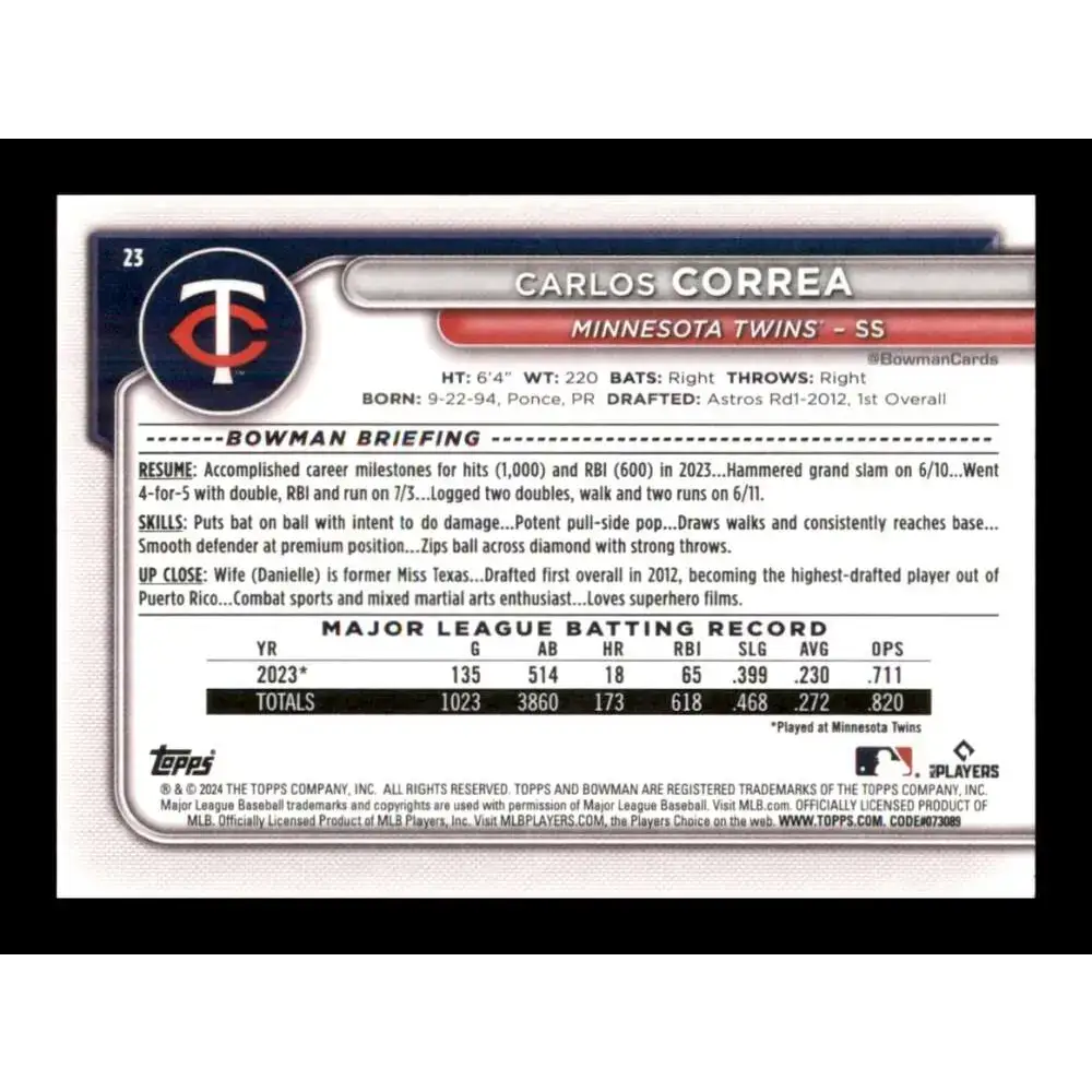 2024 Bowman #23 Carlos Correa NM-MT Minnesota Twins Baseball Card - Baseball Card Single
