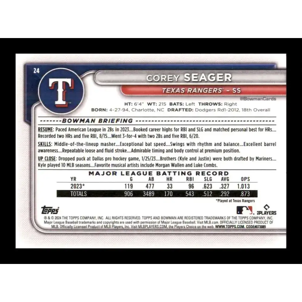 2024 Bowman #24 Corey Seager NM-MT Texas Rangers Baseball Card - Baseball Card