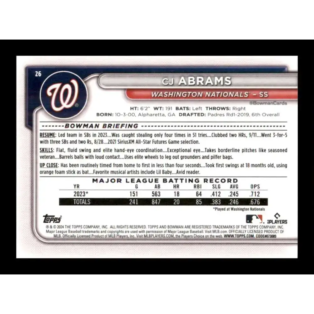2024 Bowman #26 CJ Abrams NM-MT Washington Nationals Baseball Card - Baseball Card Single