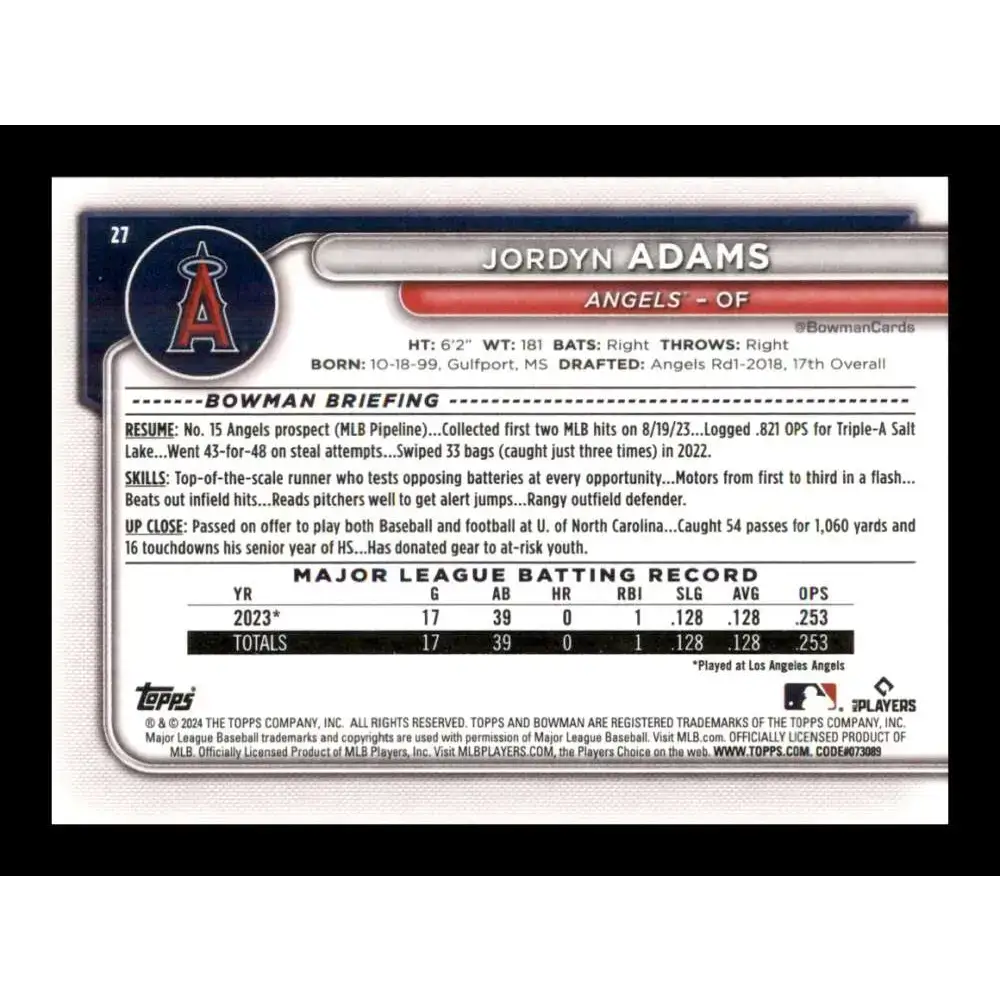 2024 Bowman #27 Jordyn Adams NM-MT RC Rookie Los Angeles Angels Baseball Card - Baseball Card Single