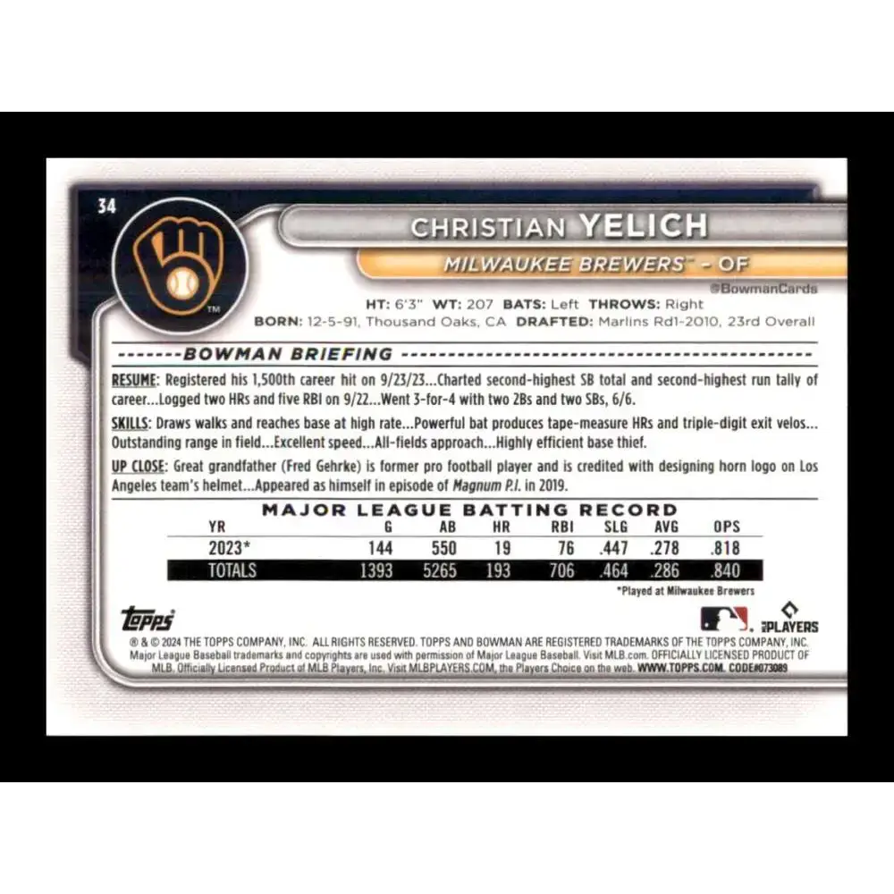 2024 Bowman #34 Christian Yelich NM-MT Milwaukee Brewers Baseball Card - Baseball Card Single