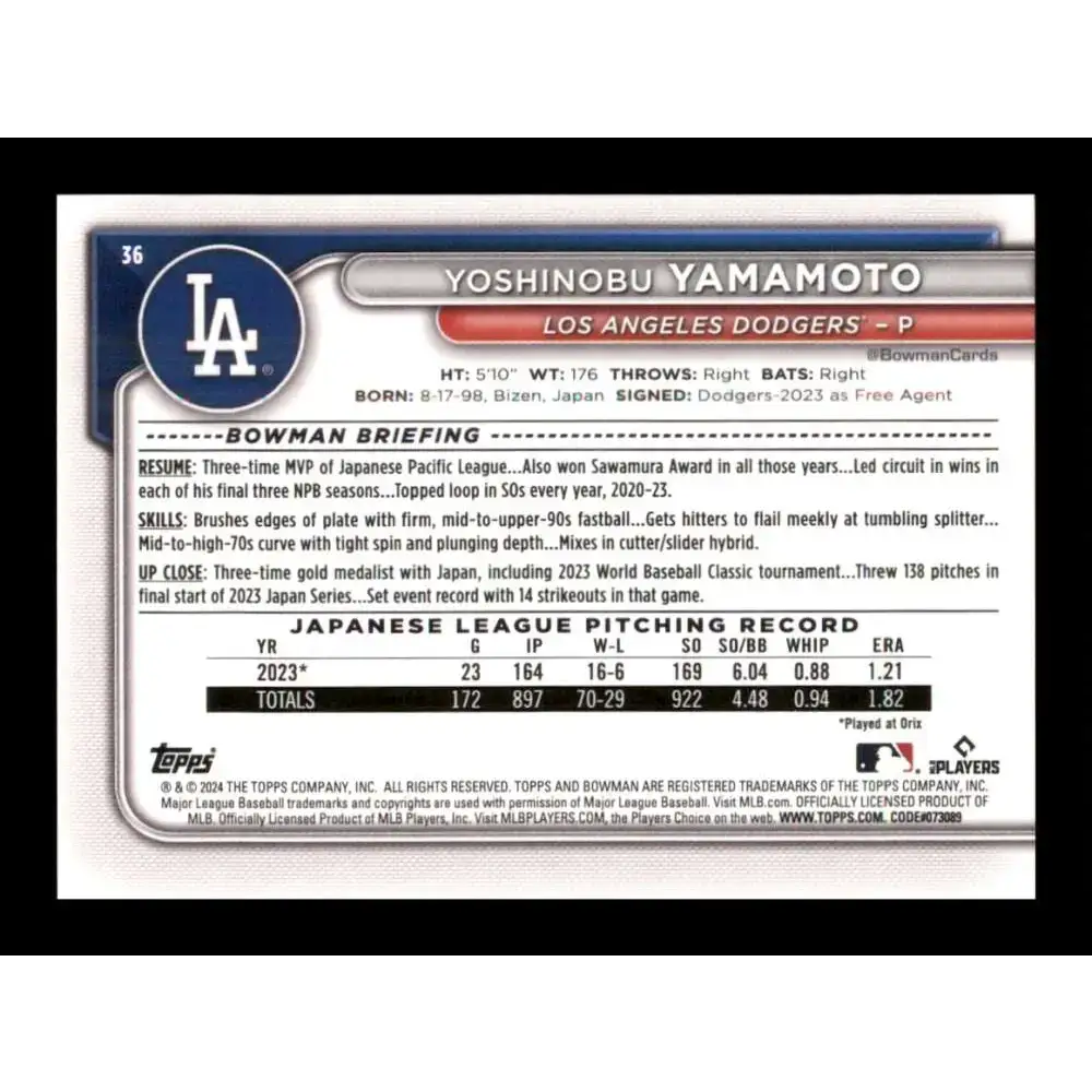 2024 Bowman #36 Yoshinobu Yamamoto NM-MT RC Rookie Los Angeles Dodgers Baseball Card - Baseball Card Single