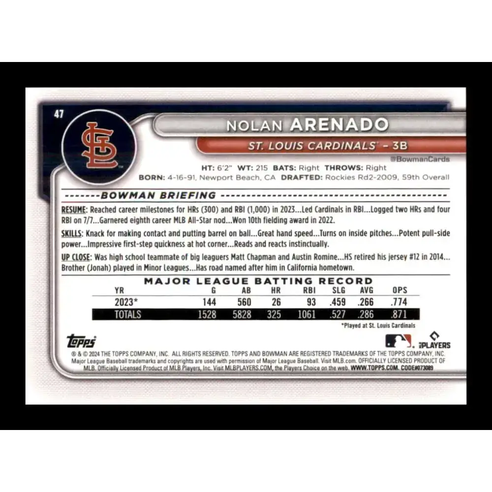 2024 Bowman #47 Nolan Arenado NM-MT St. Louis Cardinals Baseball Card - Baseball Card Single