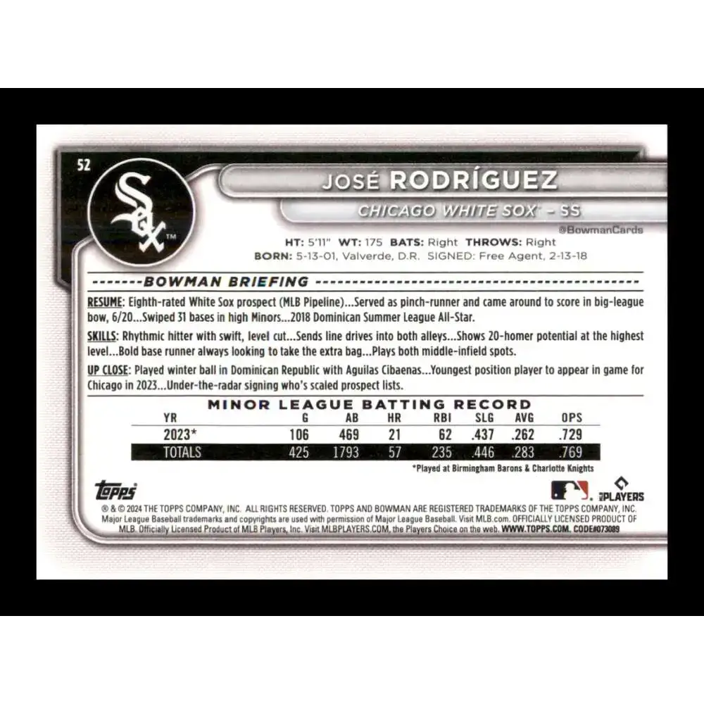 2024 Bowman #52 Jose Rodriguez NM-MT RC Rookie Chicago White Sox Baseball Card - Baseball Card Single
