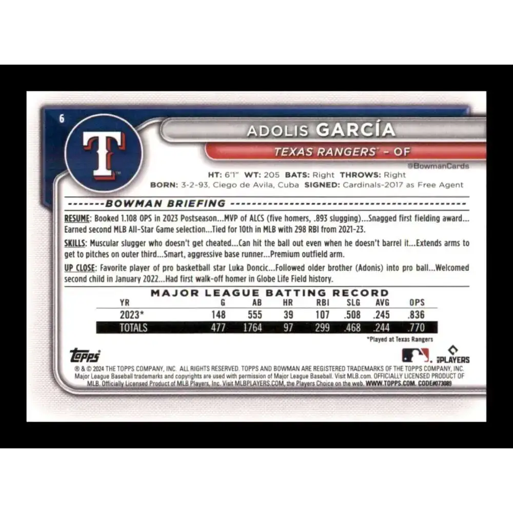 2024 Bowman #6 Adolis Garcia NM-MT Texas Rangers Baseball Card - Baseball Card