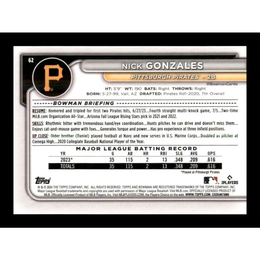 2024 Bowman #62 Nick Gonzales NM-MT RC Rookie Pittsburgh Pirates Baseball Card - Baseball Card Single