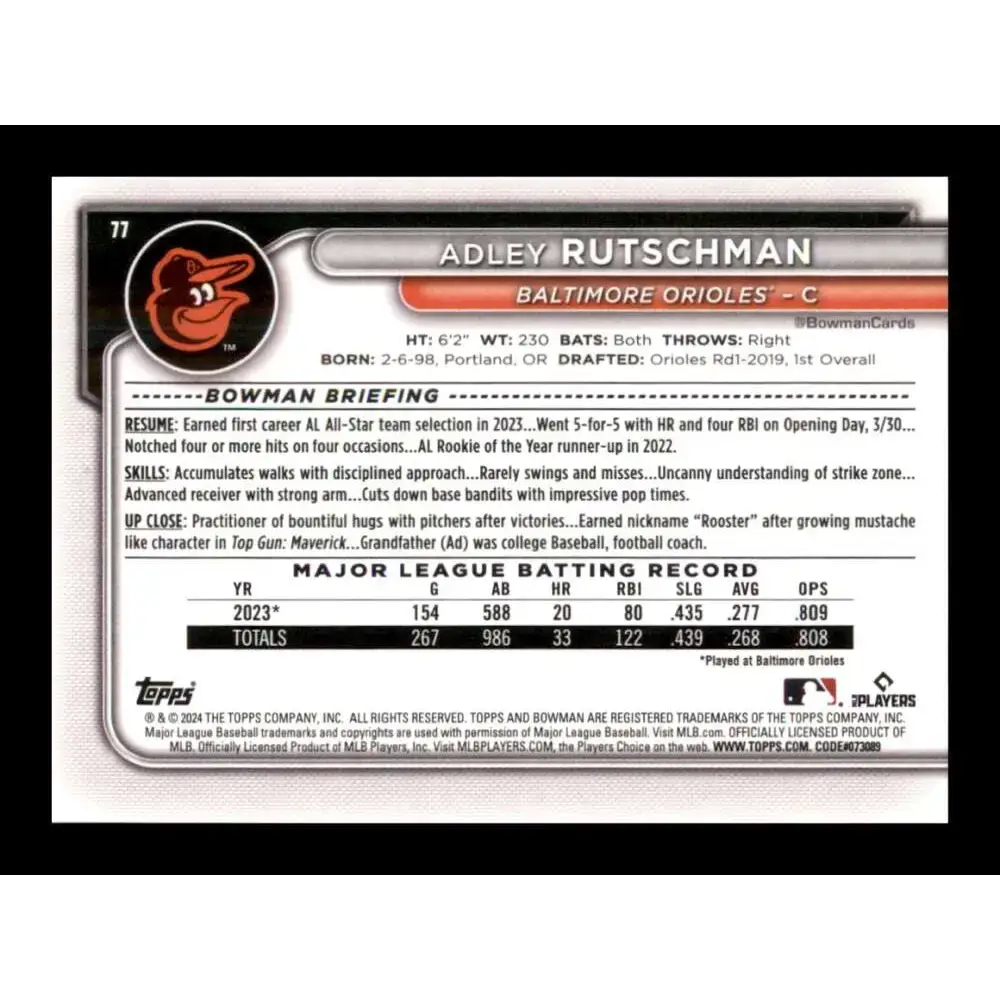 2024 Bowman #77 Adley Rutschman NM-MT Baltimore Orioles Baseball Card - Baseball Card Single