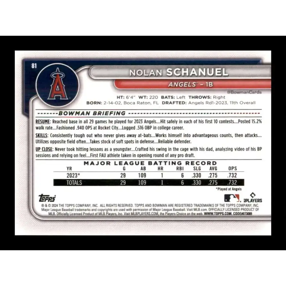 2024 Bowman #81 Nolan Schanuel NM-MT RC Rookie Los Angeles Angels Baseball Card - Baseball Card Single