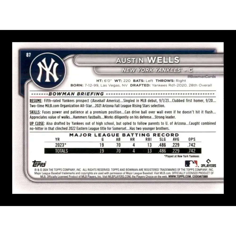 2024 Bowman #87 Austin Wells NM-MT RC Rookie New York Yankees Baseball Card - Baseball Card Single