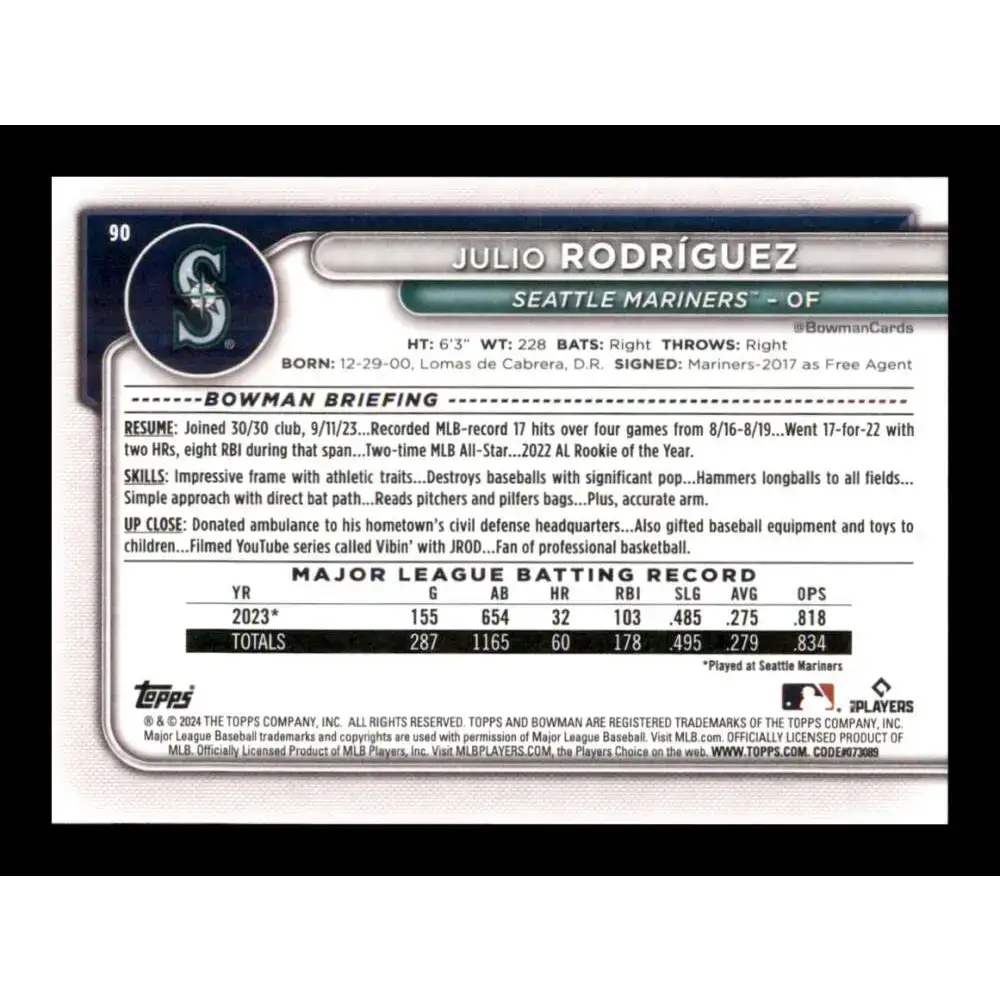 2024 Bowman #90 Julio Rodriguez NM-MT Seattle Mariners Baseball Card - Baseball Card Single