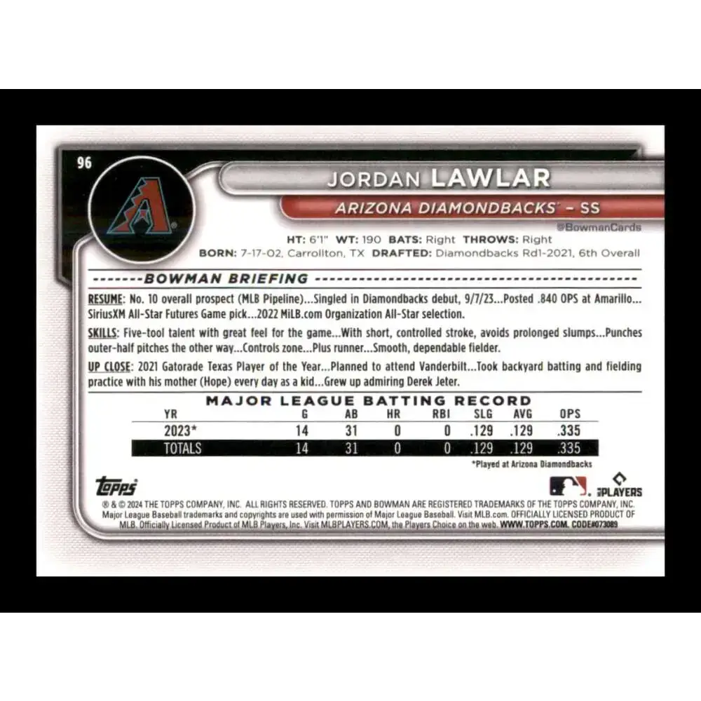 2024 Bowman #96 Jordan Lawlar NM-MT RC Rookie Arizona Diamondbacks Baseball Card - Baseball Card Single