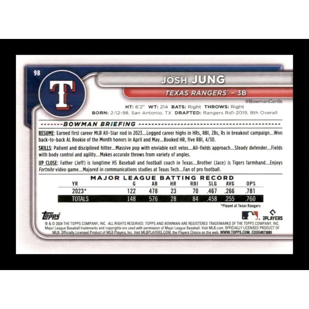 2024 Bowman #98 Josh Jung NM-MT Texas Rangers Baseball Card - Baseball Card Single