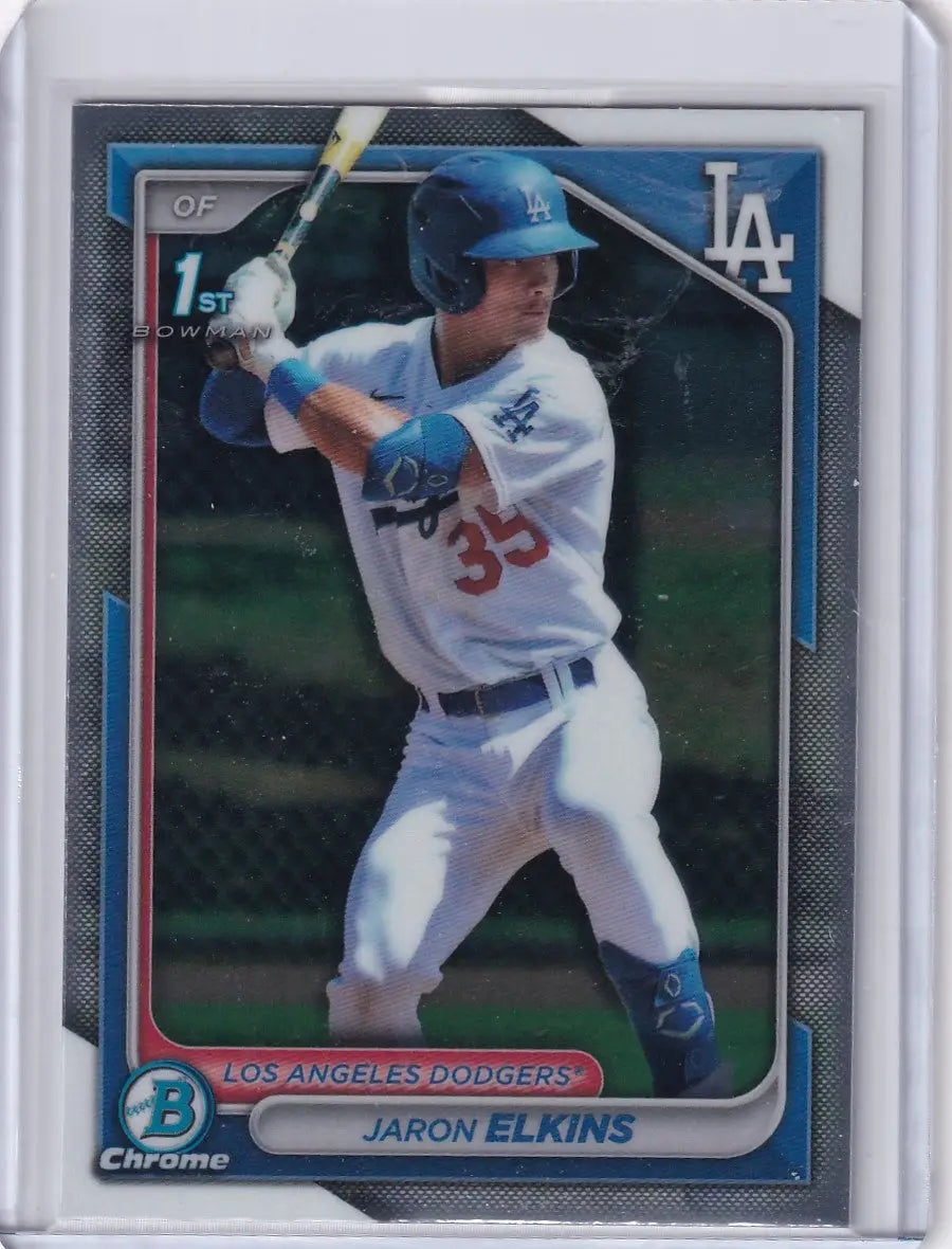 Baseball card of Jaron Elkins in batting stance for Los Angeles Dodgers Bowman Baseball