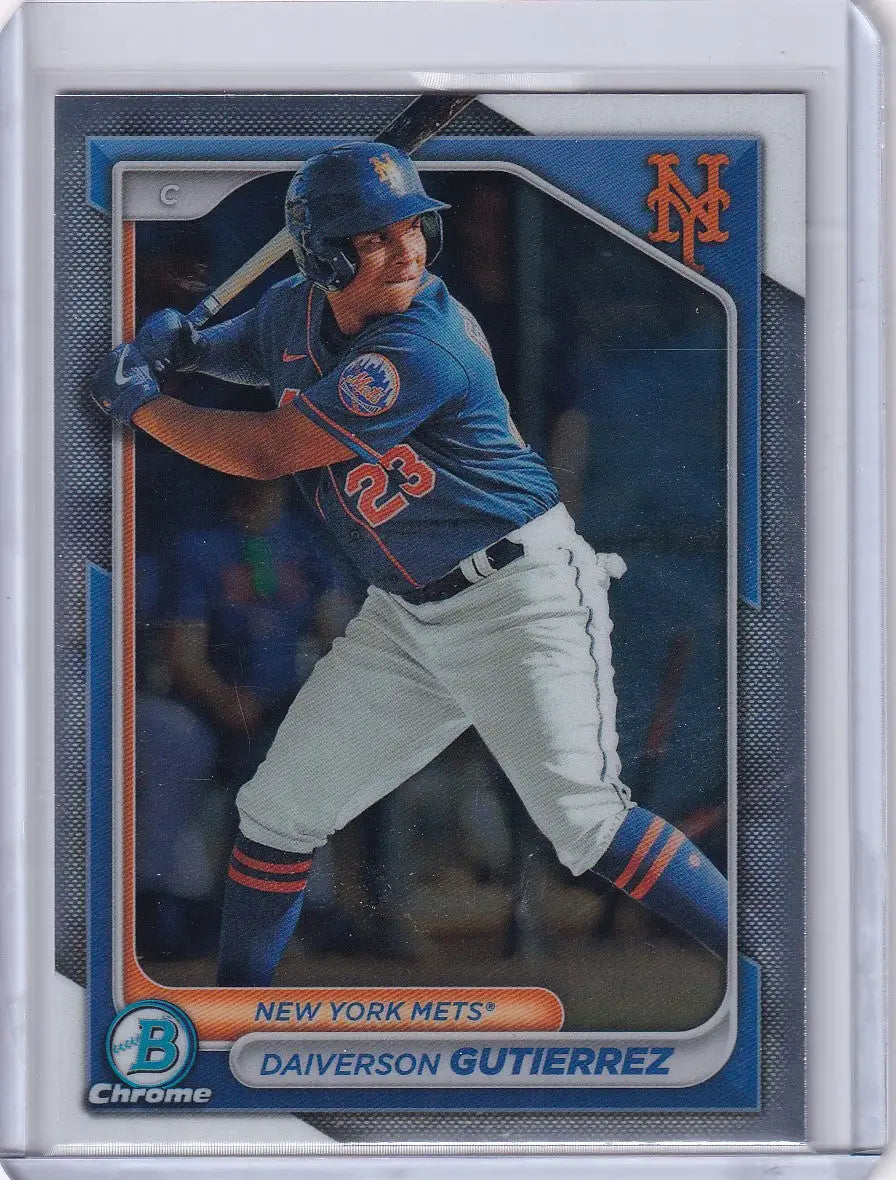 Baseball card of Daiverson Gutierrez in batting stance for Bowman Baseball New York Mets