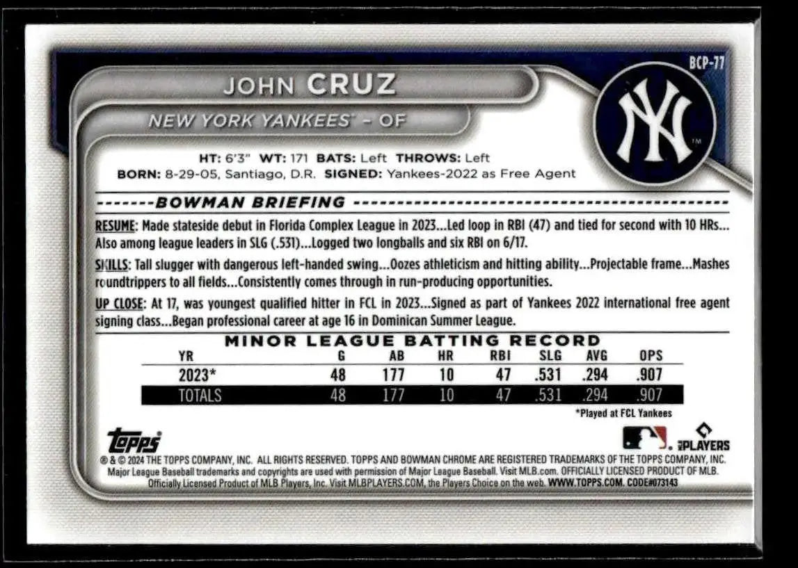 2024 Bowman #BCP-77 John Cruz Chrome Prospects - Baseball Card Single