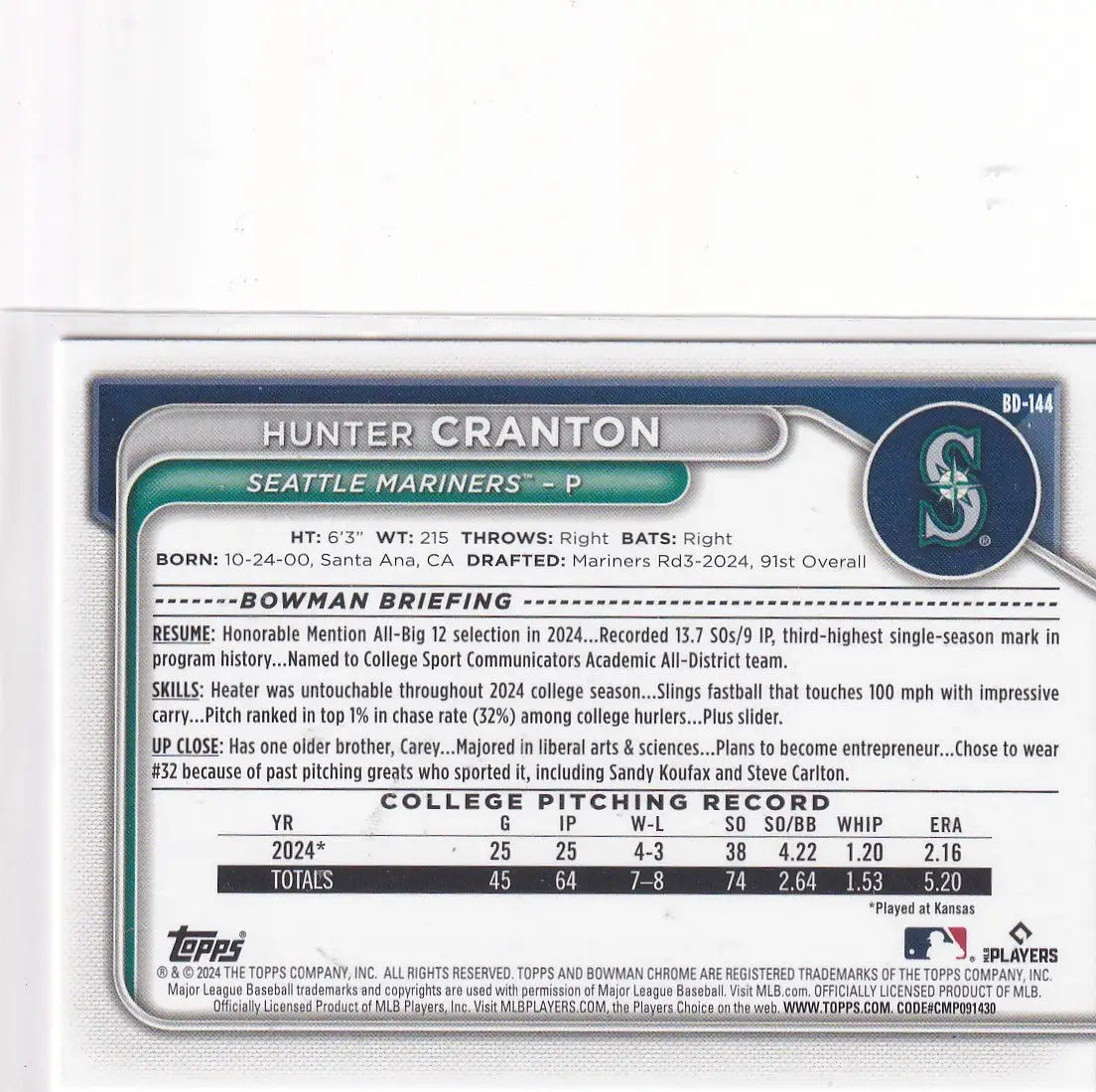 2024 BOWMAN #BD-144 HUNTER CRANTON- SEATTLE MARINERS - Baseball Card Single