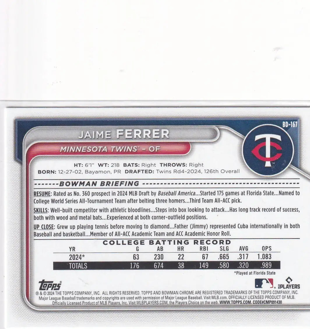 2024 BOWMAN #BD-167 JAMIE FERRER- MINNESOTA TWINS - Baseball Card Single