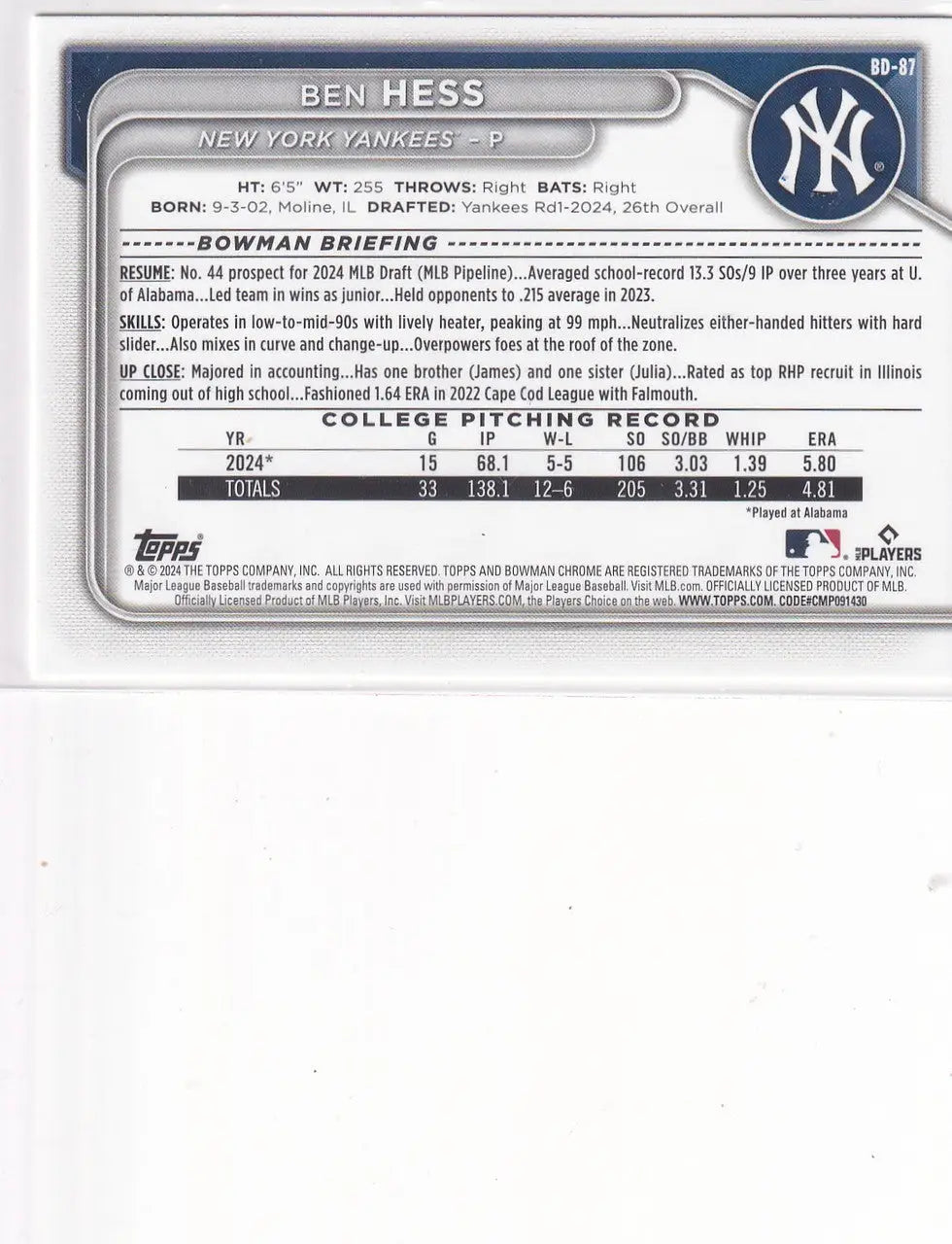 2024 BOWMAN #BD-87 BEN HESS- NEW YORK YANKEES - Baseball Card Single