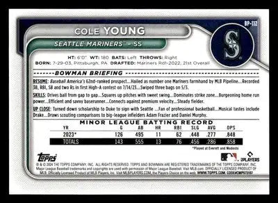 2024 Bowman #BP-112 Cole Young Prospects - Baseball Card Single