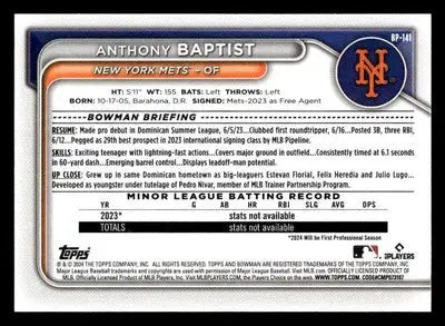 2024 Bowman #BP-141 Anthony Baptist Prospects - Baseball Card Single