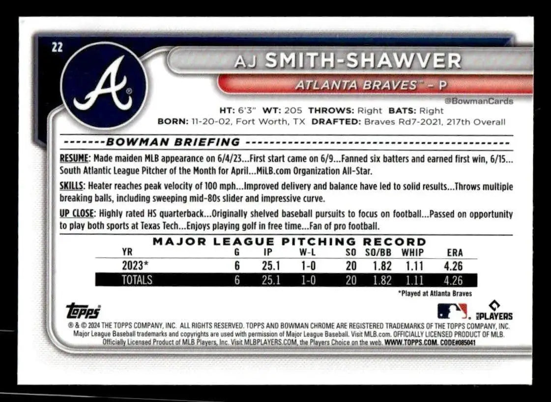 2024 Bowman Chrome #22 AJ Smith-Shawver - Baseball Card Single