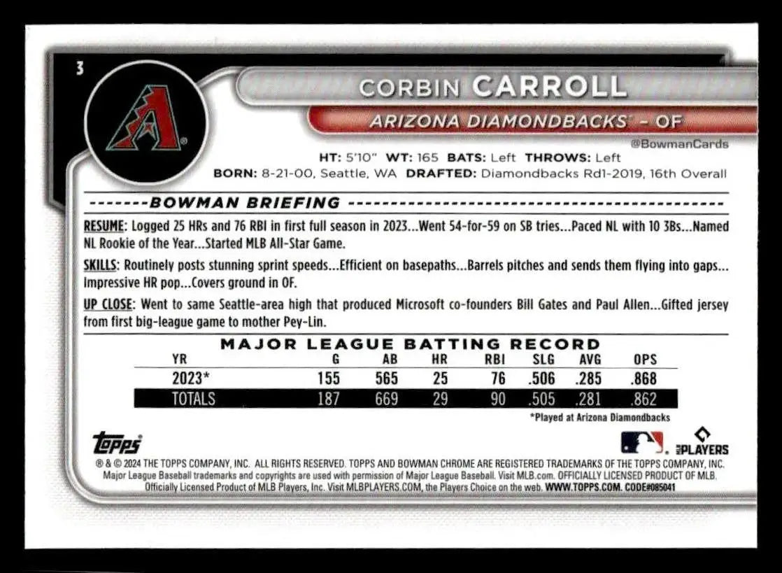 2024 Bowman Chrome #3 Corbin Carroll - Baseball Card Single