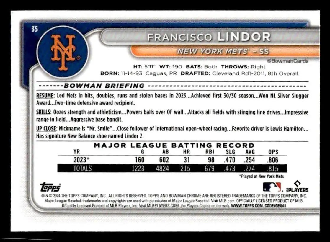 2024 Bowman Chrome #35 Francisco Lindor - Baseball Card Single