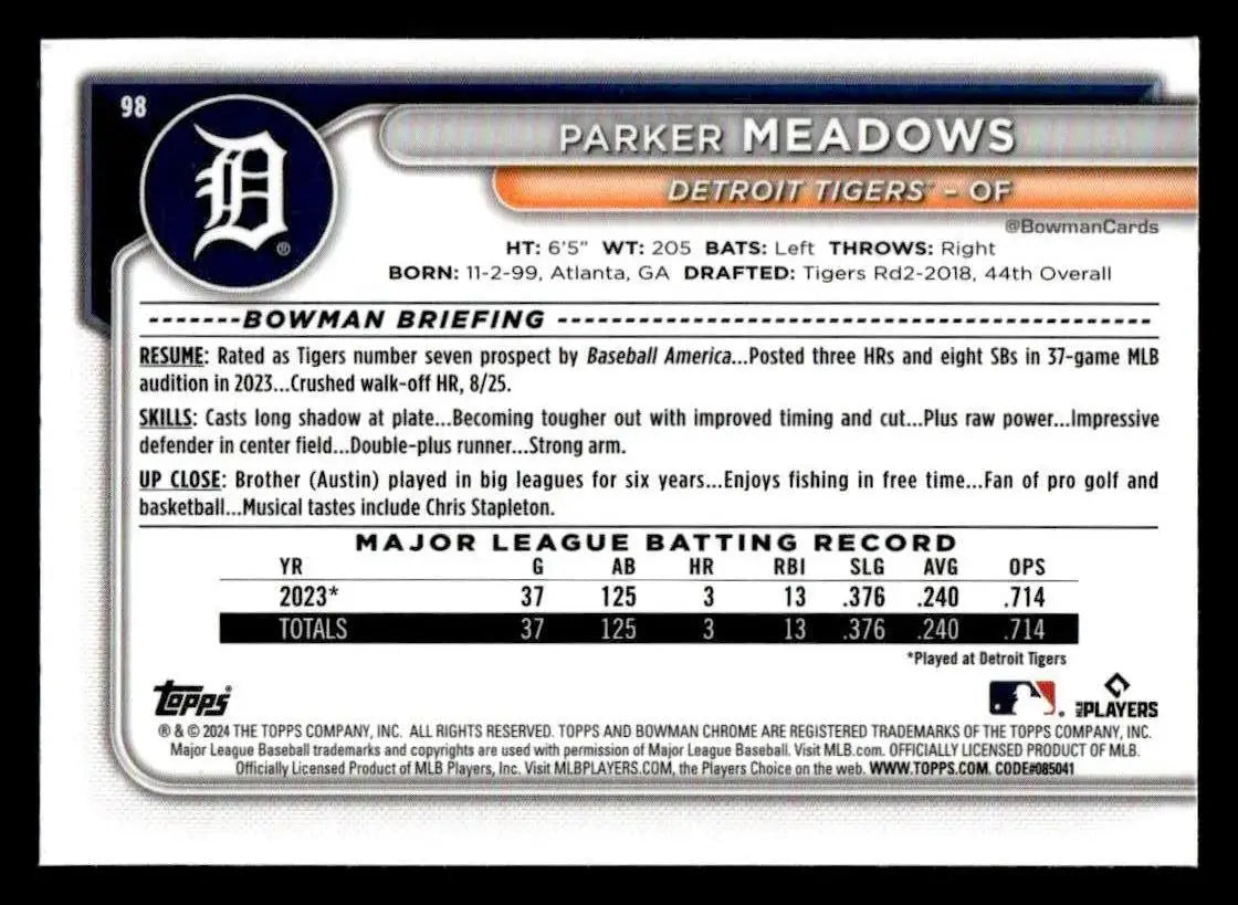 2024 Bowman Chrome #98 Parker Meadows - Baseball Card Single