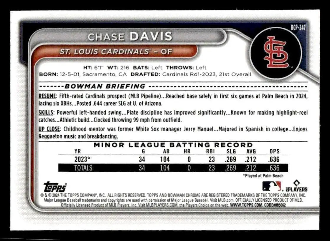 2024 Bowman Chrome #BCP-247 Chase Davis Prospects - Baseball Card Single