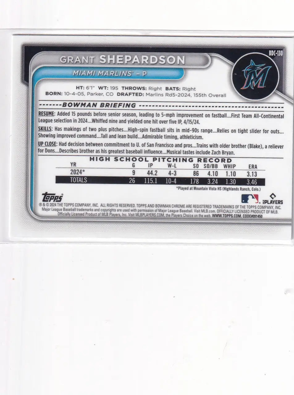 2024 BOWMAN CHROME #BDC-130 GRANT SHEPARDSON- MIAMI MARLINS - Baseball Card Single