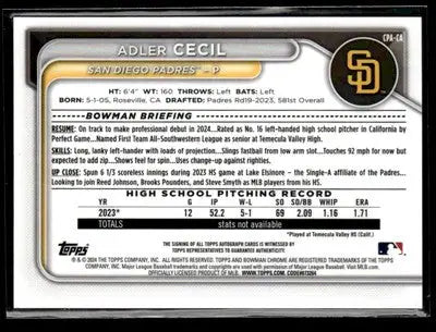 2024 Bowman Chrome #CPA-CA Adler Cecil Prospects Autographs