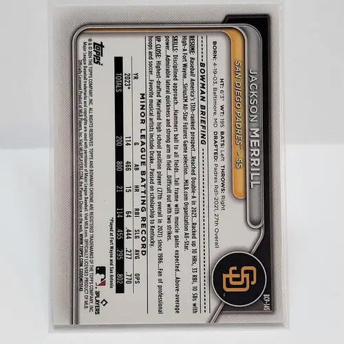 Baseball card featuring Jackson Merrill from 2024 Bowman Chrome Jackson Merrill #BCP-145