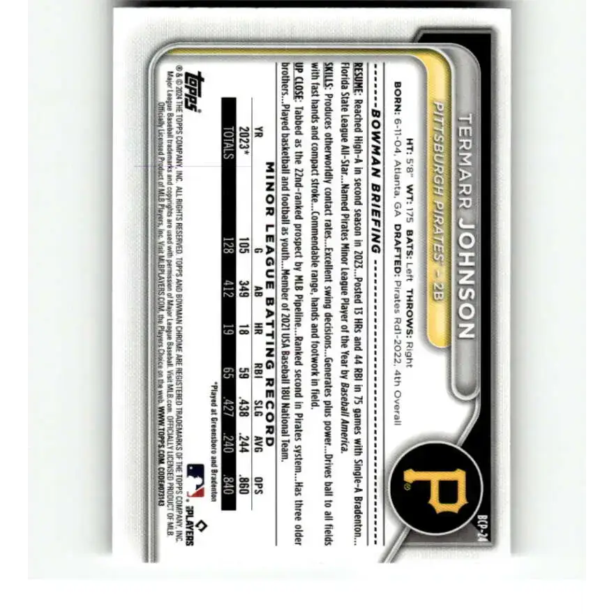 2024 Bowman Chrome Prospects #BCP-24 Termarr Johnson NM-MT Pittsburgh Pirates Baseball Card