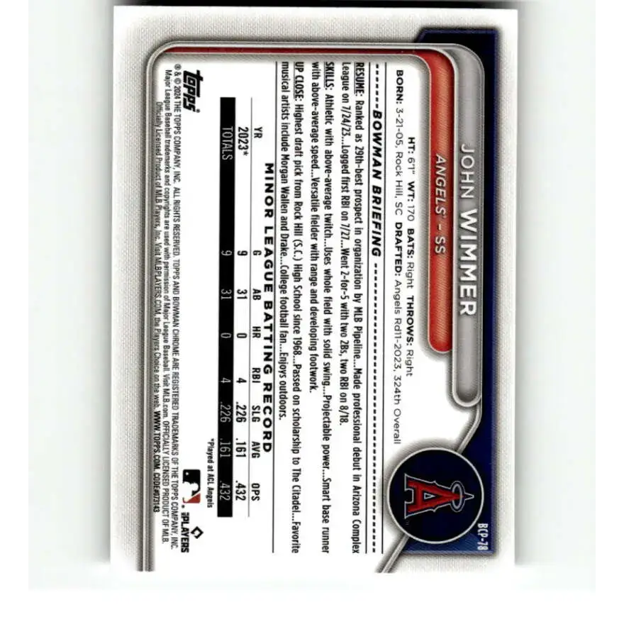 2024 Bowman Chrome Prospects #BCP-78 John Wimmer NM-MT Los Angeles Angels Baseball Card - Baseball Card Single