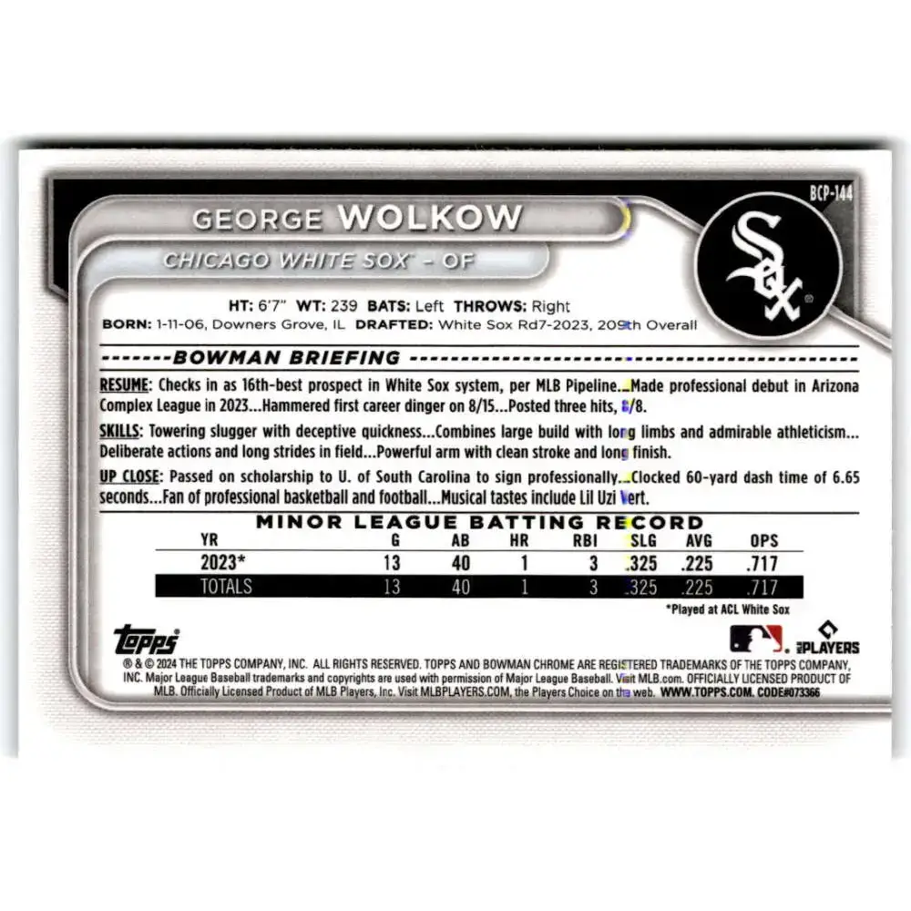 2024 Bowman Mega Box Mojo Prospects Refractor #BCP-144 George Wolkow NM-MT Chicago White Sox Baseball Card - Baseball