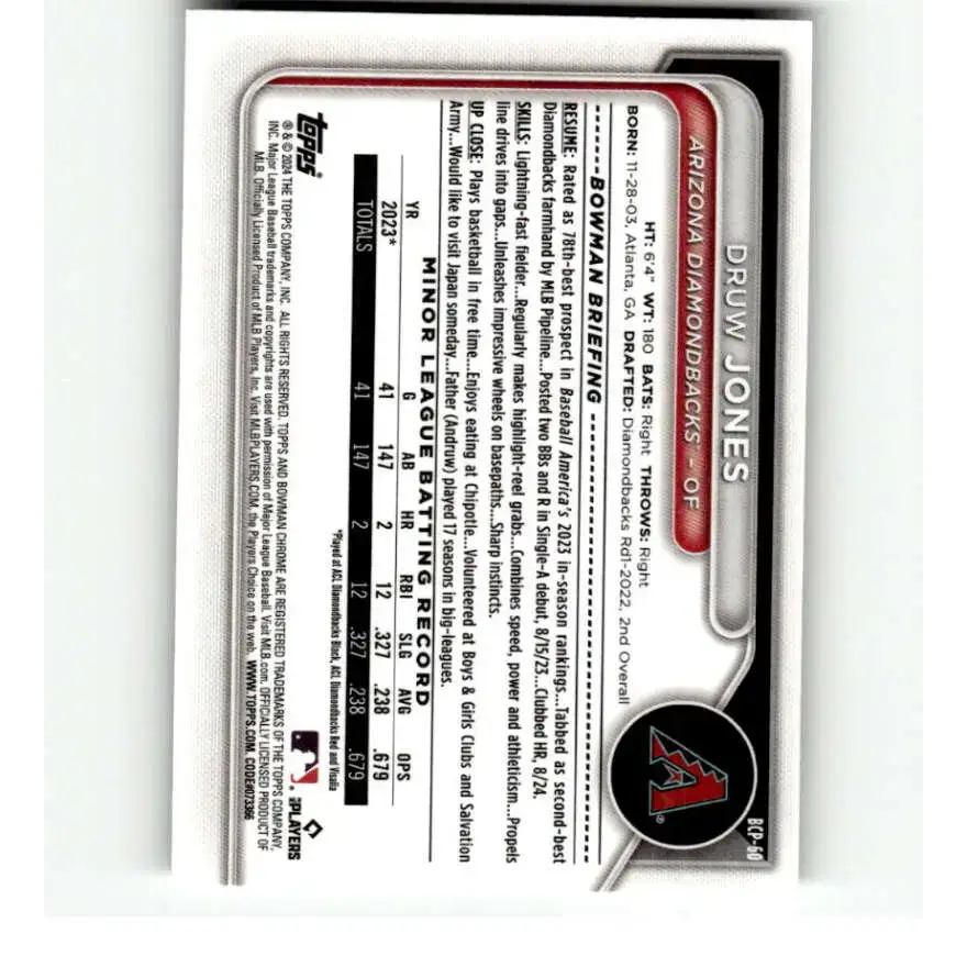 2024 Bowman Mega Box Mojo Prospects Refractor #BCP-60 Druw Jones NM-MT Arizona Diamondbacks Baseball Card - Baseball