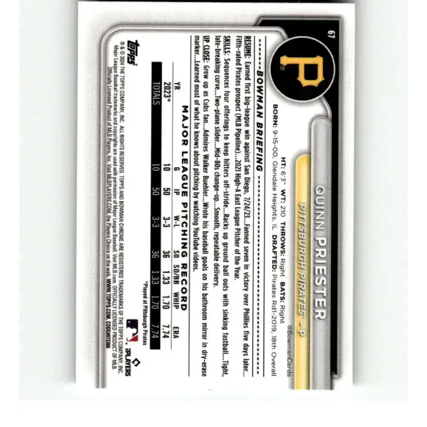 2024 Bowman Mega Box Mojo Refractor #67 Quinn Priester NM-MT RC Rookie Pittsburgh Pirates Baseball Card - Baseball Card
