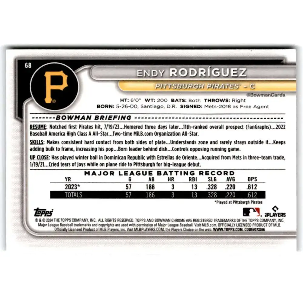 2024 Bowman Mega Box Mojo Refractor #68 Endy Rodriguez NM-MT RC Rookie Pittsburgh Pirates Baseball Card