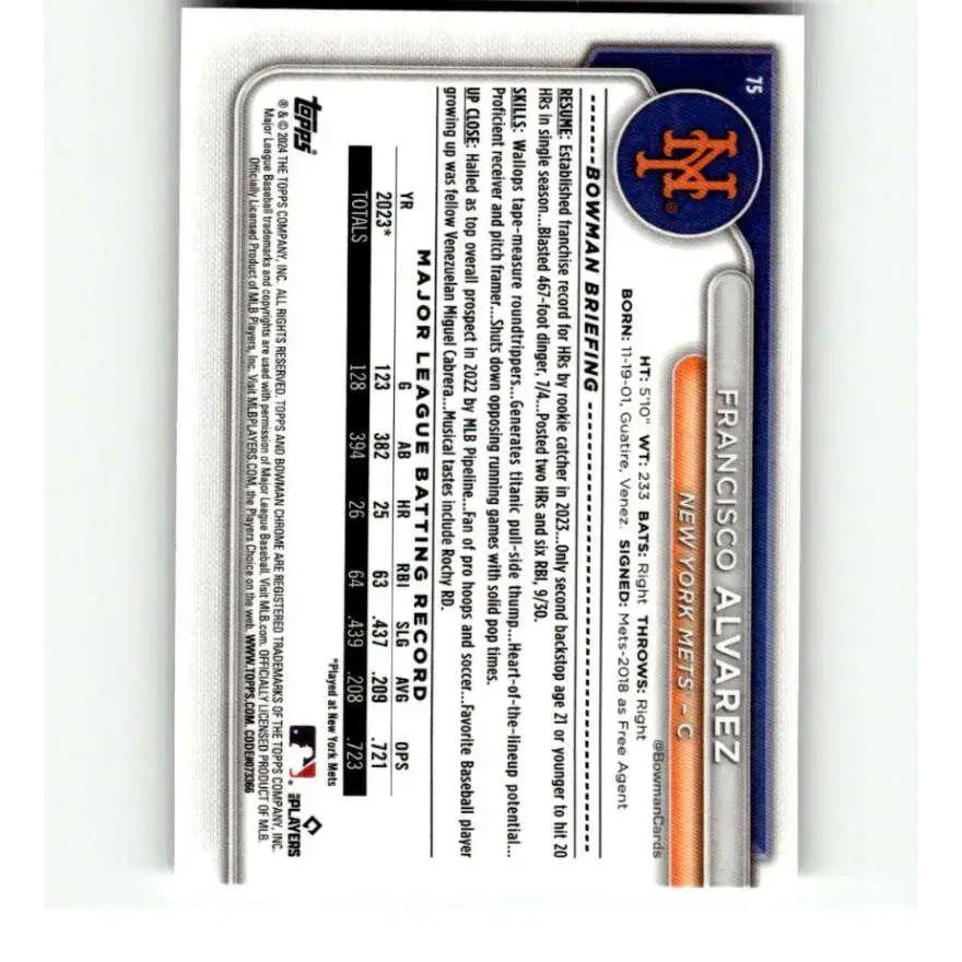 2024 Bowman Mega Box Mojo Refractor #75 Francisco Alvarez NM-MT New York Mets Baseball Card - Baseball Card