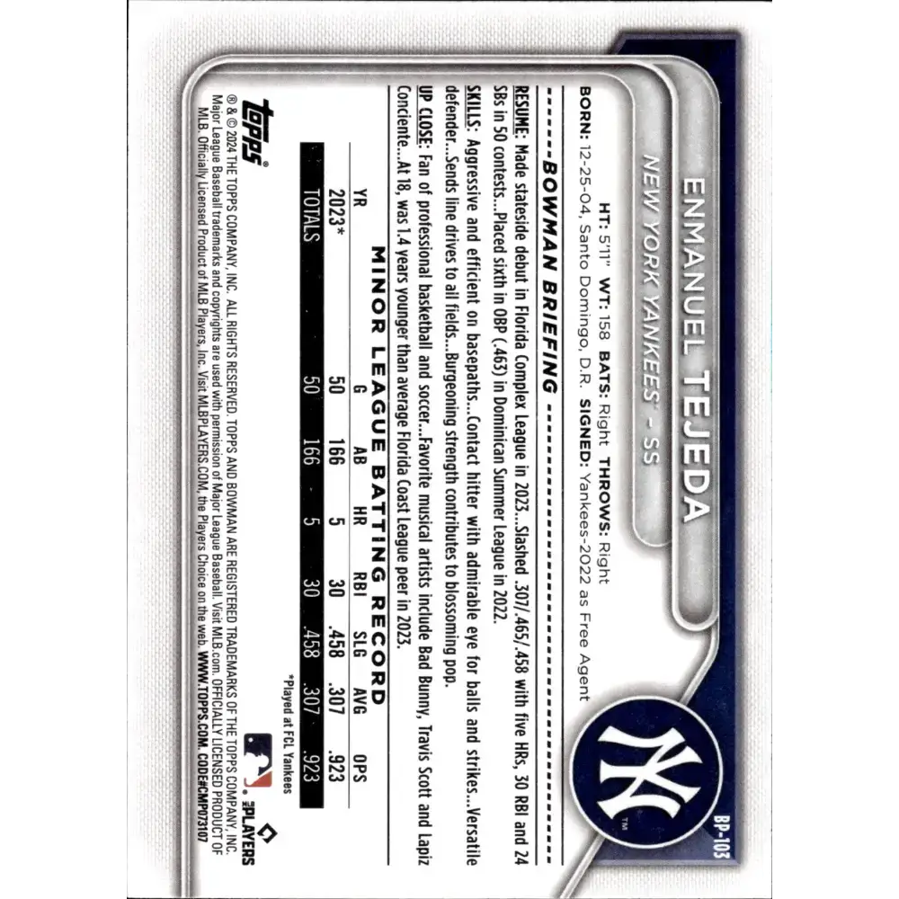 2024 Bowman Prospects #BP-103 Enmanuel Tejeda NM-MT New York Yankees Baseball Card - Baseball Card Single