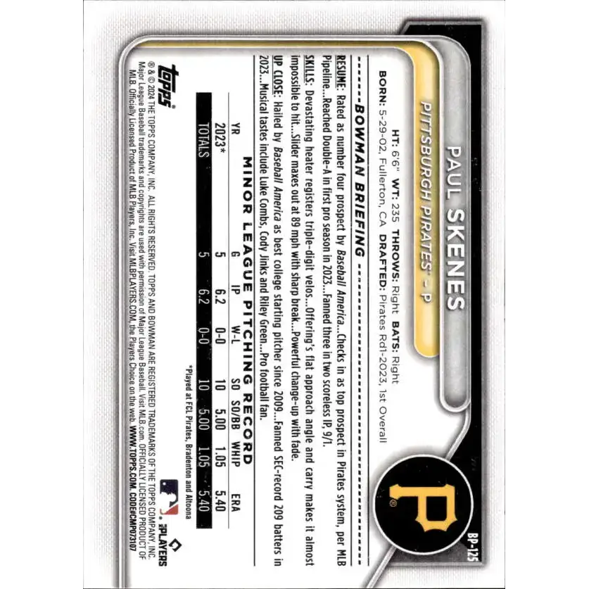 2024 Bowman Prospects #BP-125 Paul Skenes NM-MT Pittsburgh Pirates Baseball Card - Baseball Card Single