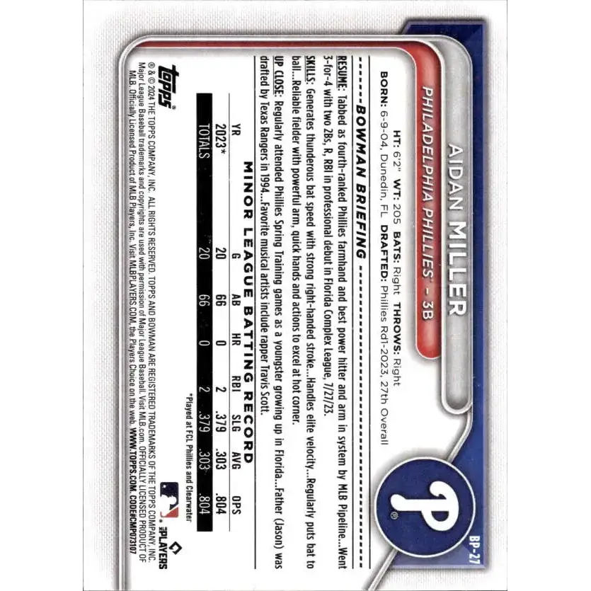 2024 Bowman Prospects #BP-27 Aidan Miller NM-MT Philadelphia Phillies Baseball Card - Baseball Card Single