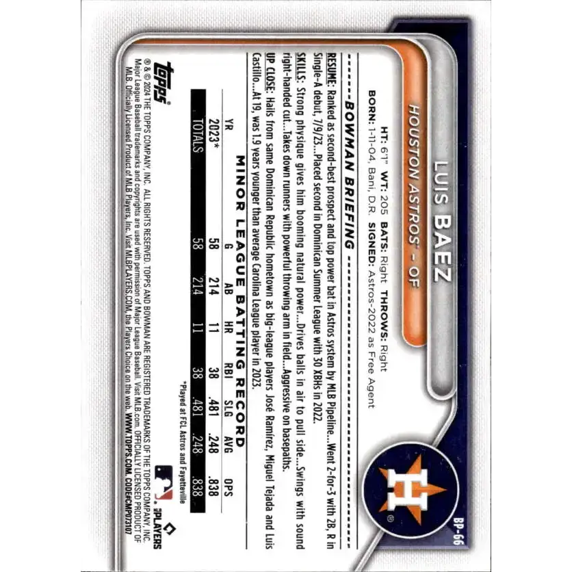 2024 Bowman Prospects #BP-66 Luis Baez NM-MT Houston Astros Baseball Card - Baseball Card Single