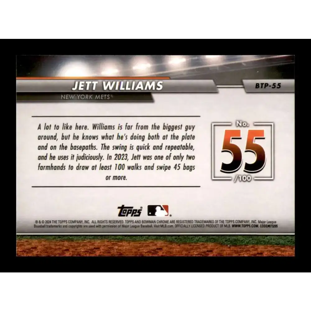 2024 Bowman Top 100 Refractor #BTP-55 Jett Williams NM-MT New York Mets Baseball Card - Baseball Card Single